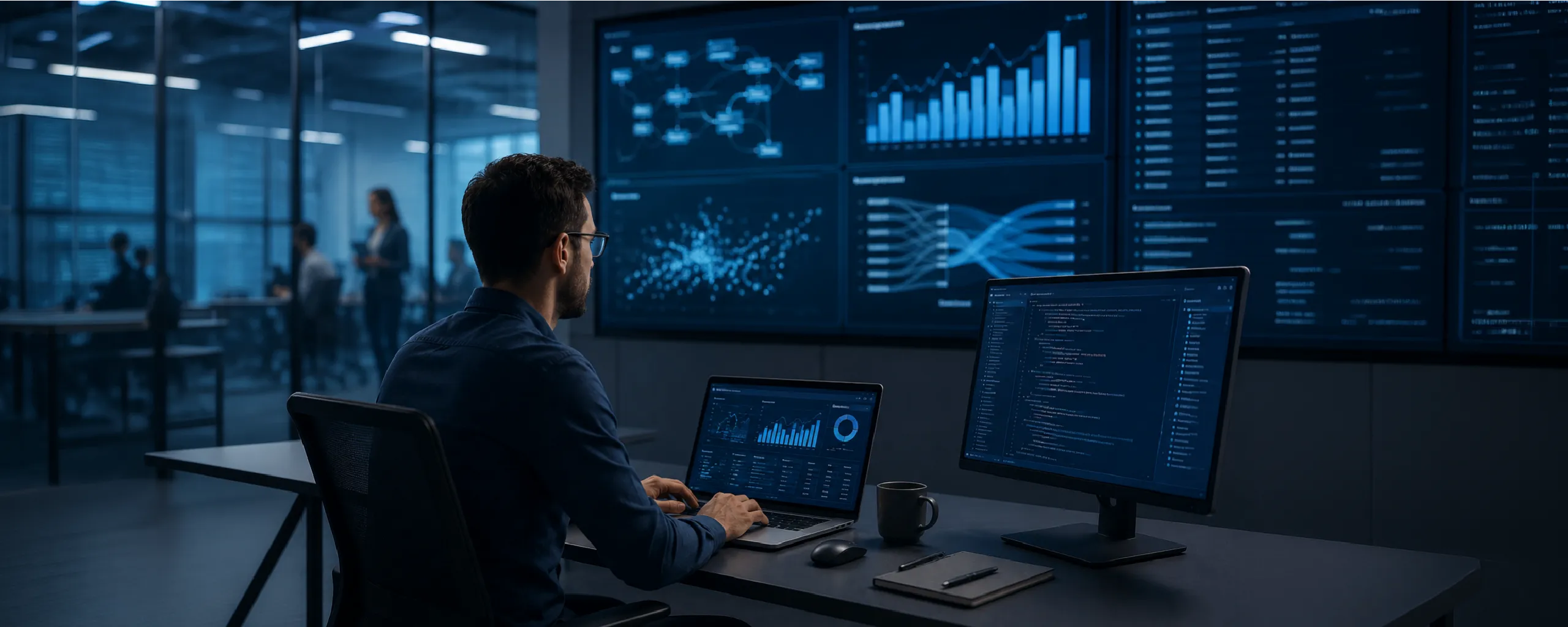 Enterprise data engineering dashboard showing analytics, system monitoring, and data visualization screens
