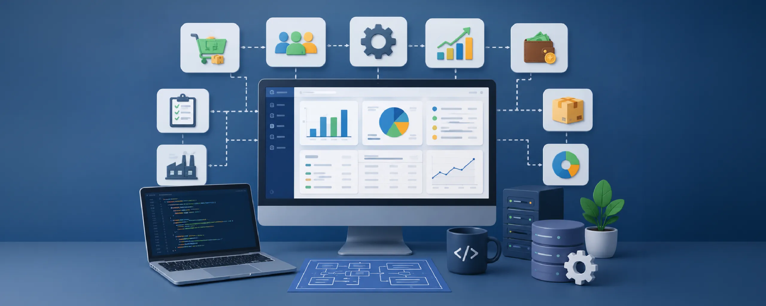 Open-source ERP development process connecting business modules, analytics, databases, and custom code