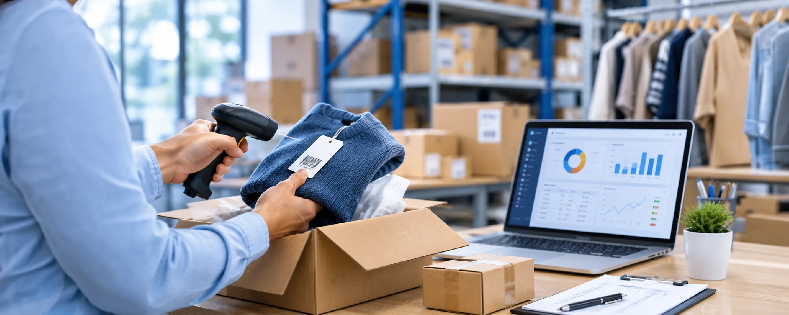 Scanning returned ecommerce clothing item for return processing and inventory review