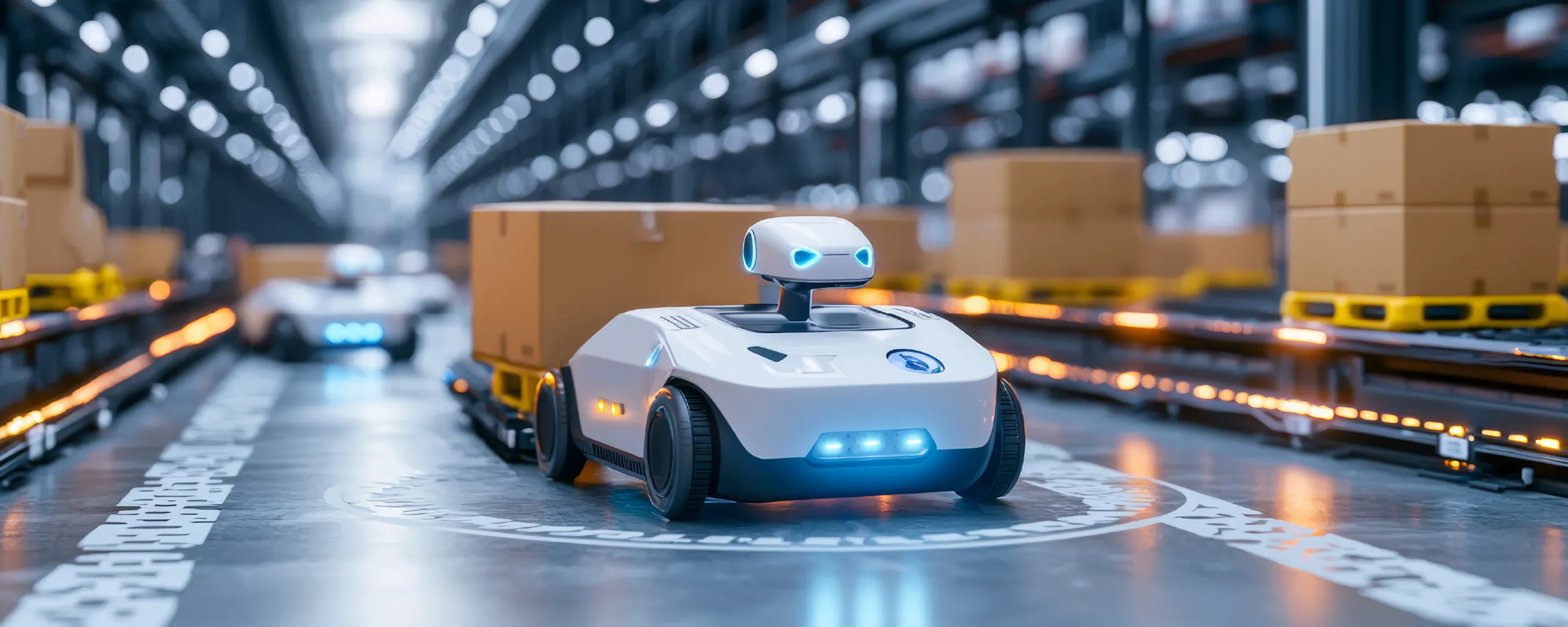 AI-powered warehouse robot transporting packages through an automated fulfillment center