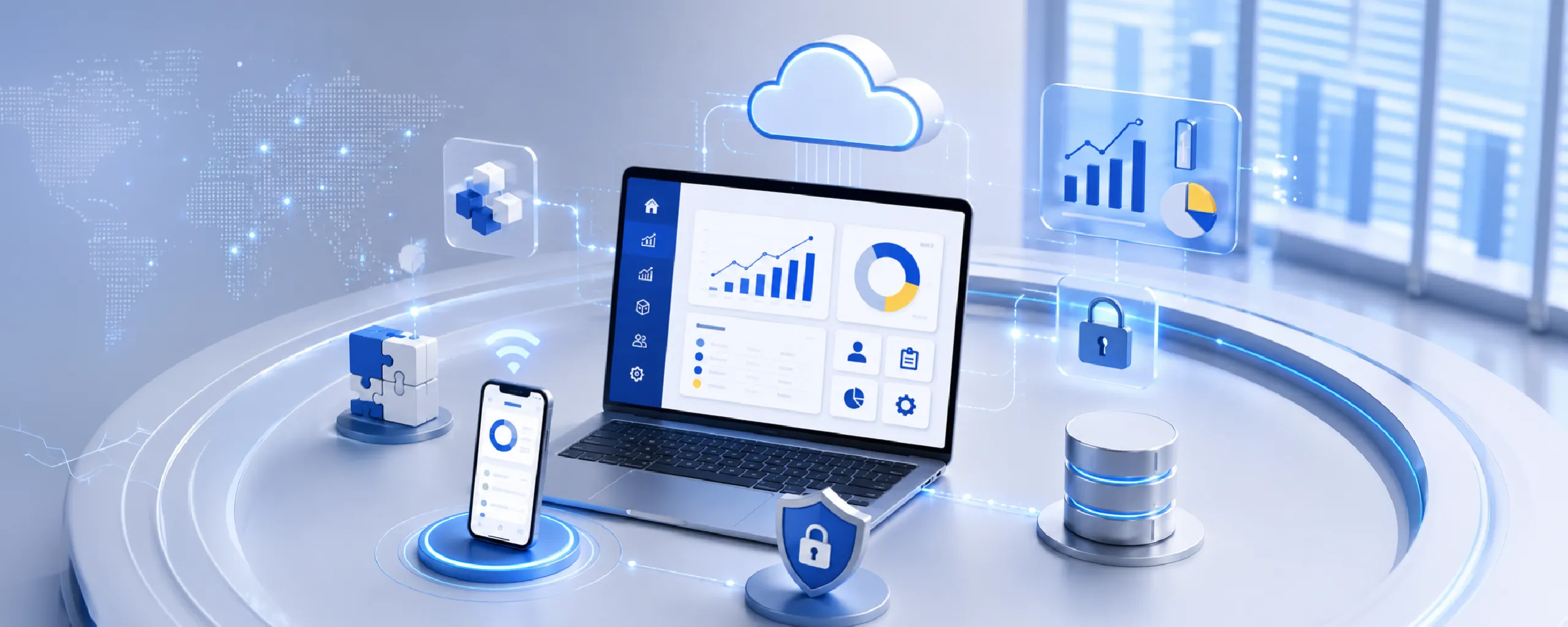 Open-source ERP development platform with cloud integration, analytics, security, and mobile access