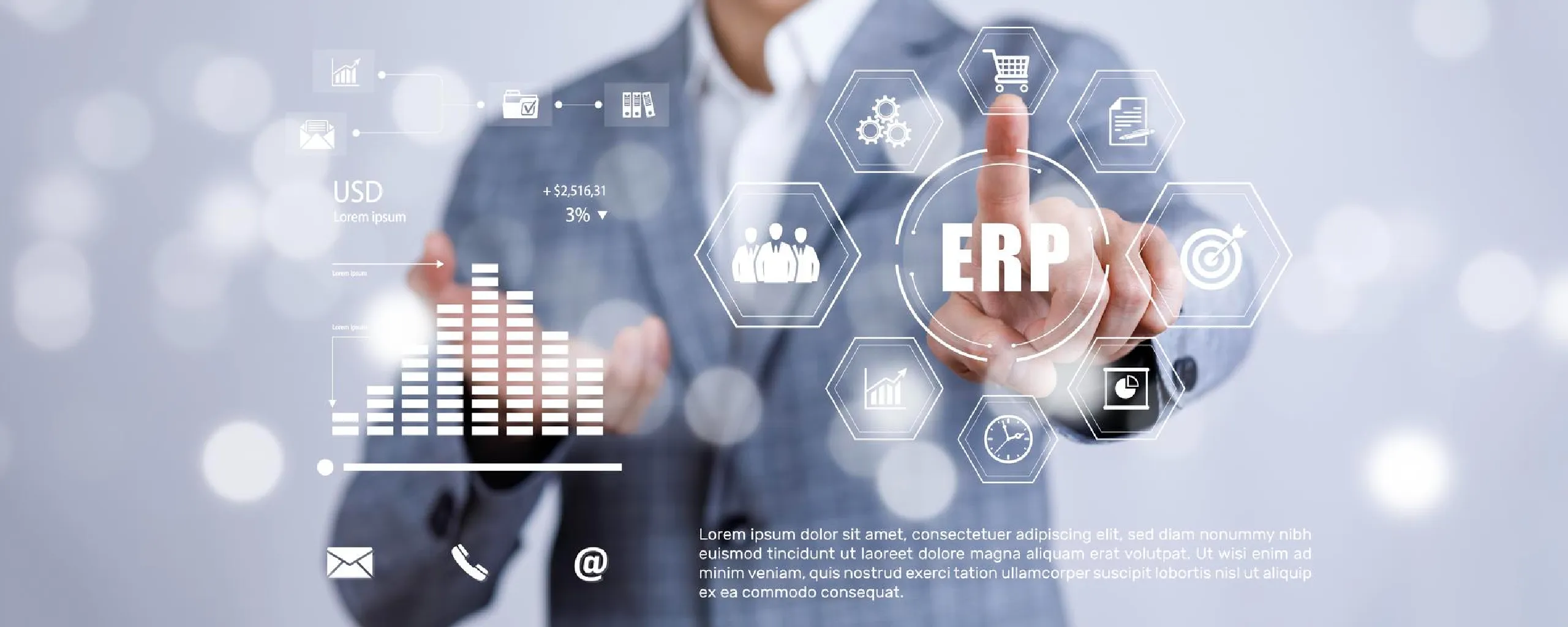 Business professional using an ERP system to manage finance, sales, procurement, reporting, and operations