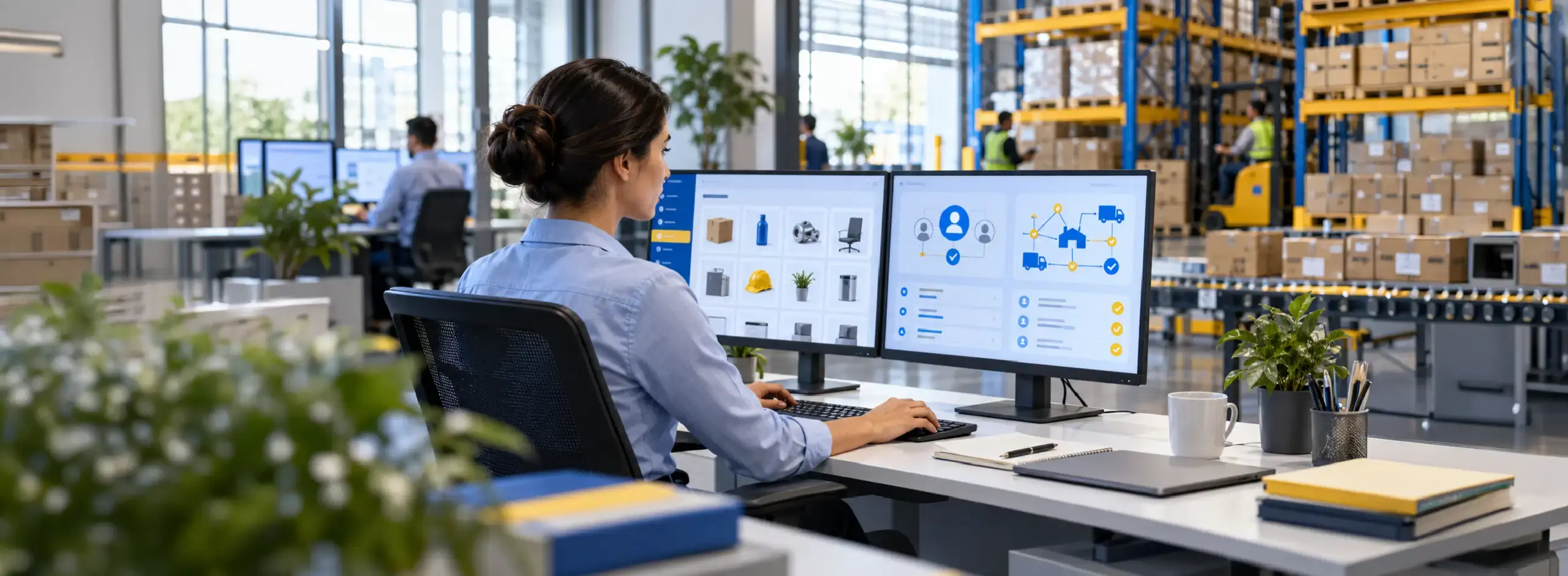 Employee reviewing product records and customer data on dual monitors in a warehouse office