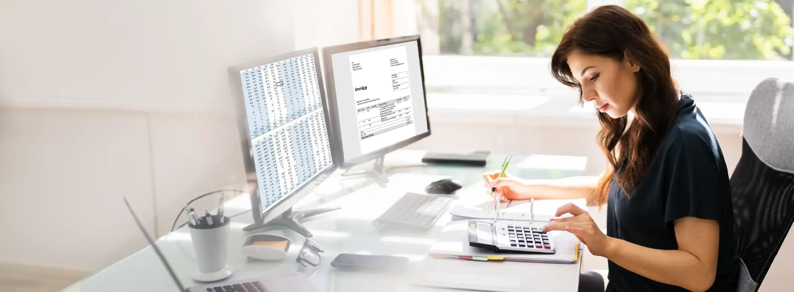 Professional comparing spreadsheet figures and an invoice for a custom development quote