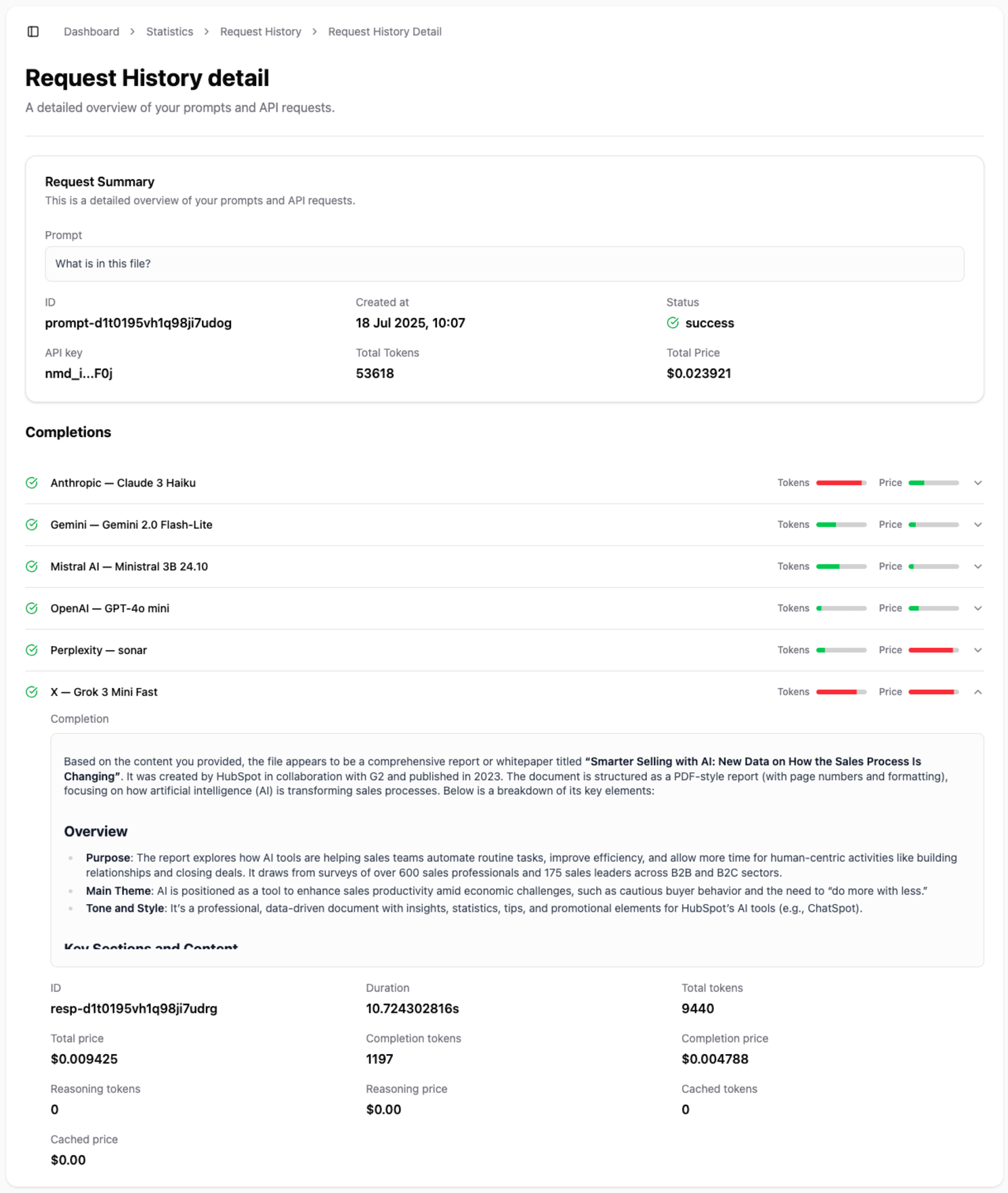The detailed view of a single request, showing the prompt, and the successful completions from multiple AI models.