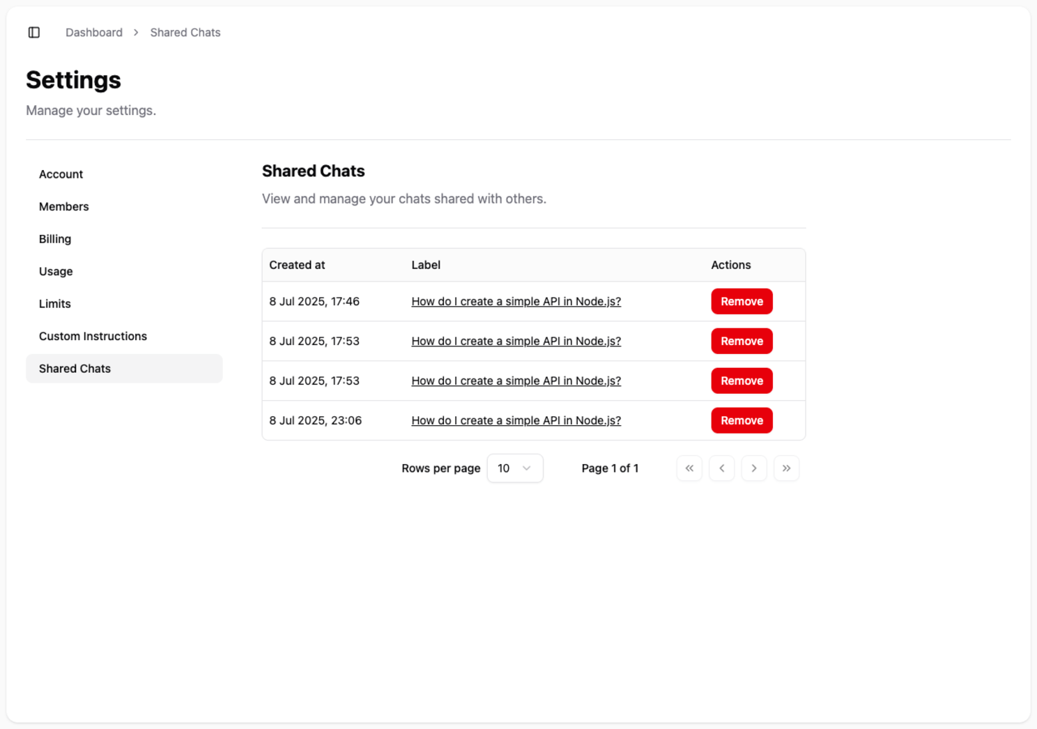 The Shared Chats management screen in settings, showing a list of created links with options to remove them.