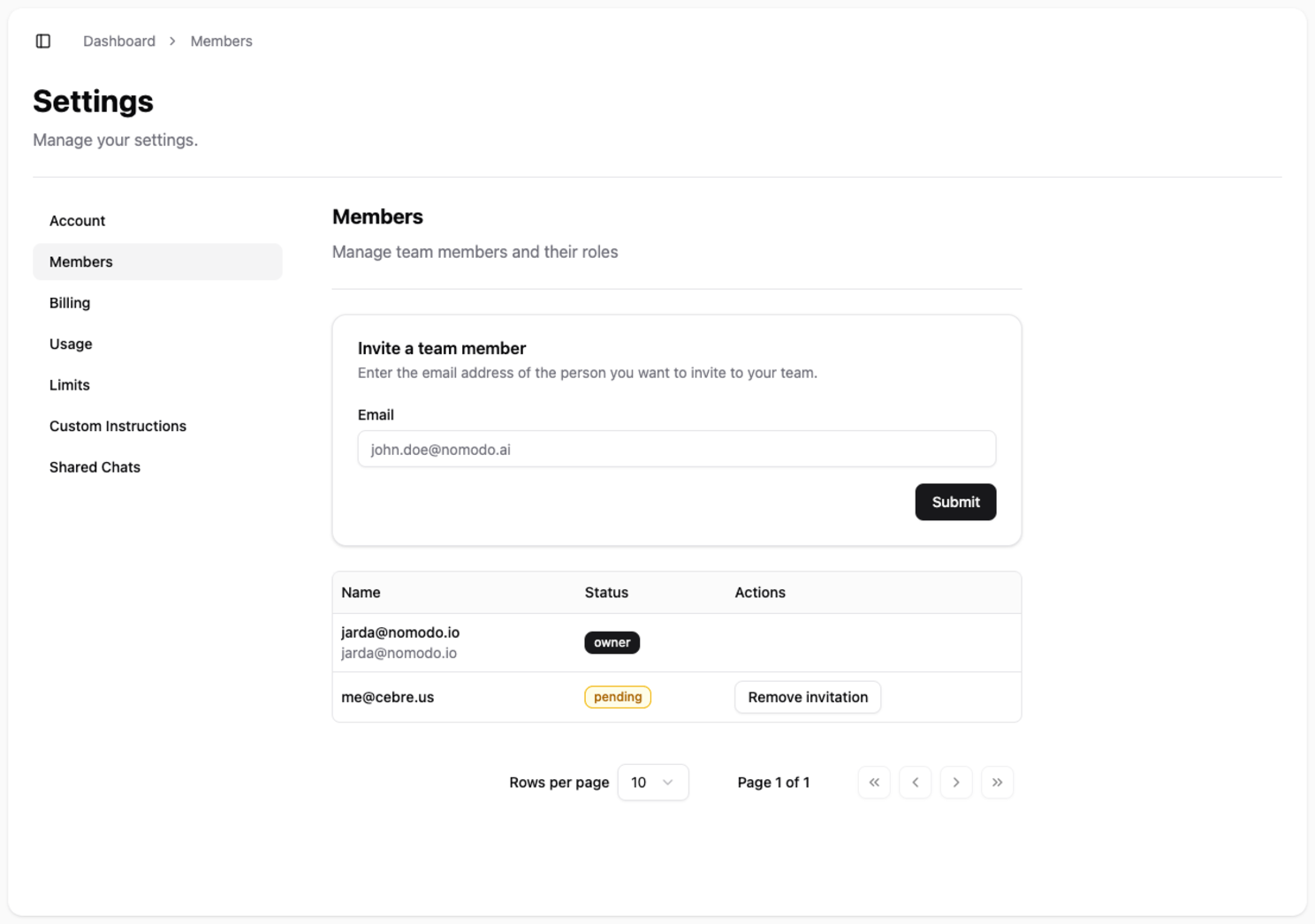 The Members screen in settings, showing the form to invite a new team member by email.