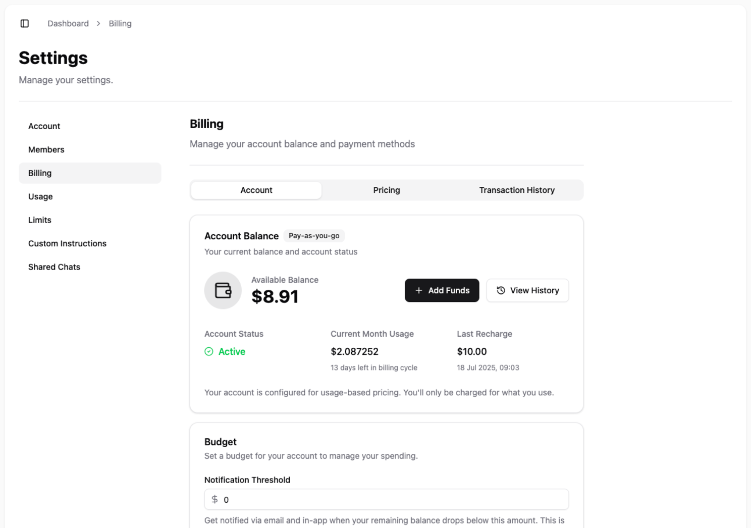 The Billing Account screen, showing the available balance, account status, and options to add funds or view history.