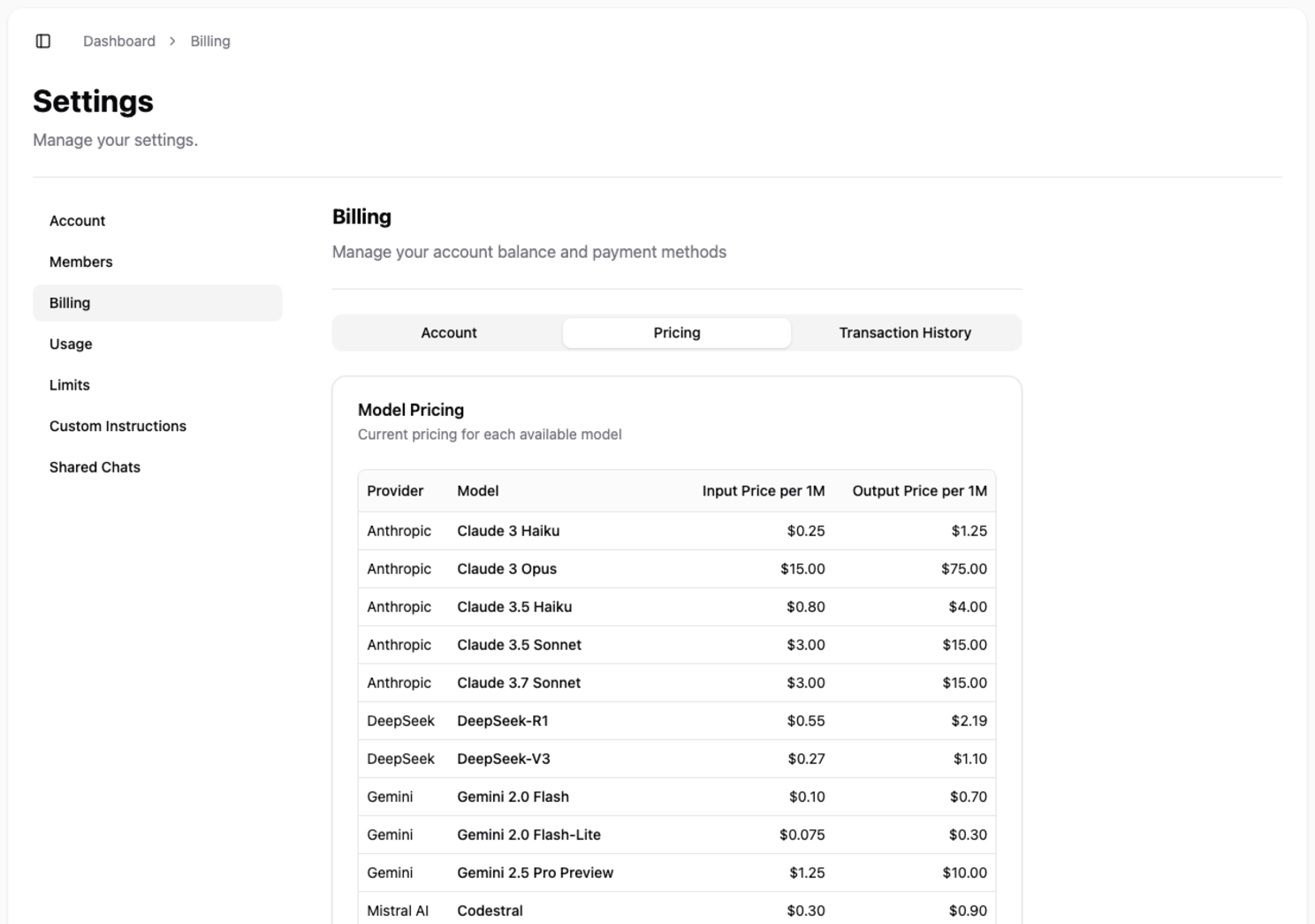 The model pricing table, showing a clear list of providers, models, and their respective costs per million tokens.