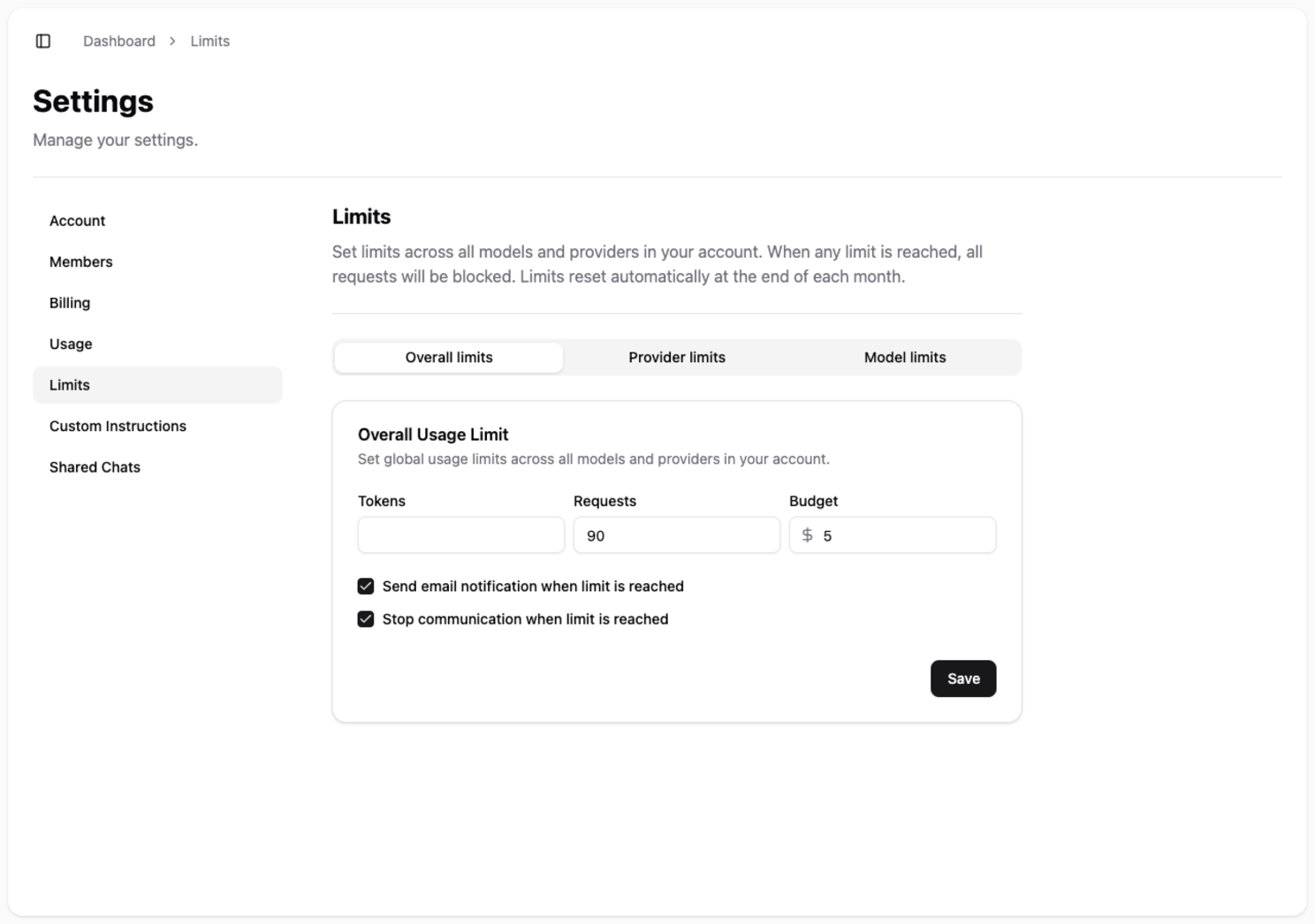 The Limits screen in settings, showing the tabs for Overall, Provider, and Model limits.