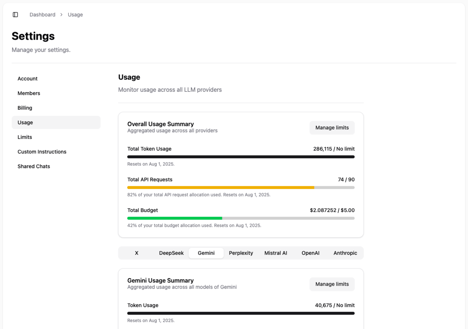 The Billing Account screen, showing the available balance, account status, and options to add funds or view history.
