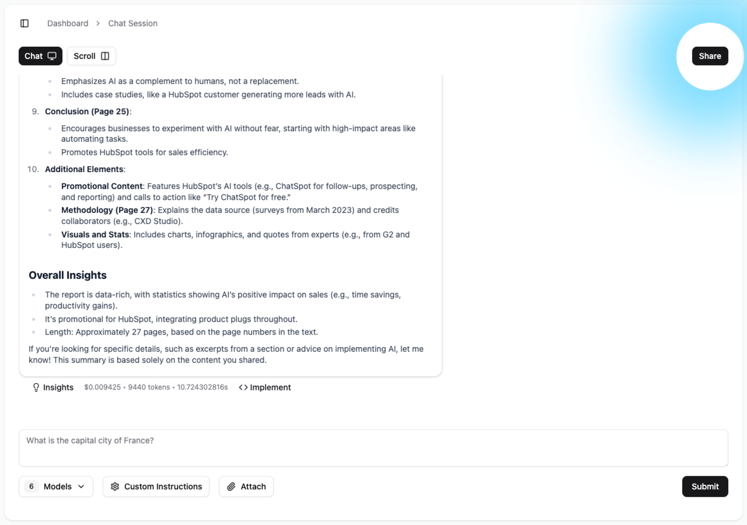 A public, read-only view of a shared chat session, showing the user's prompt and the AI's detailed response.