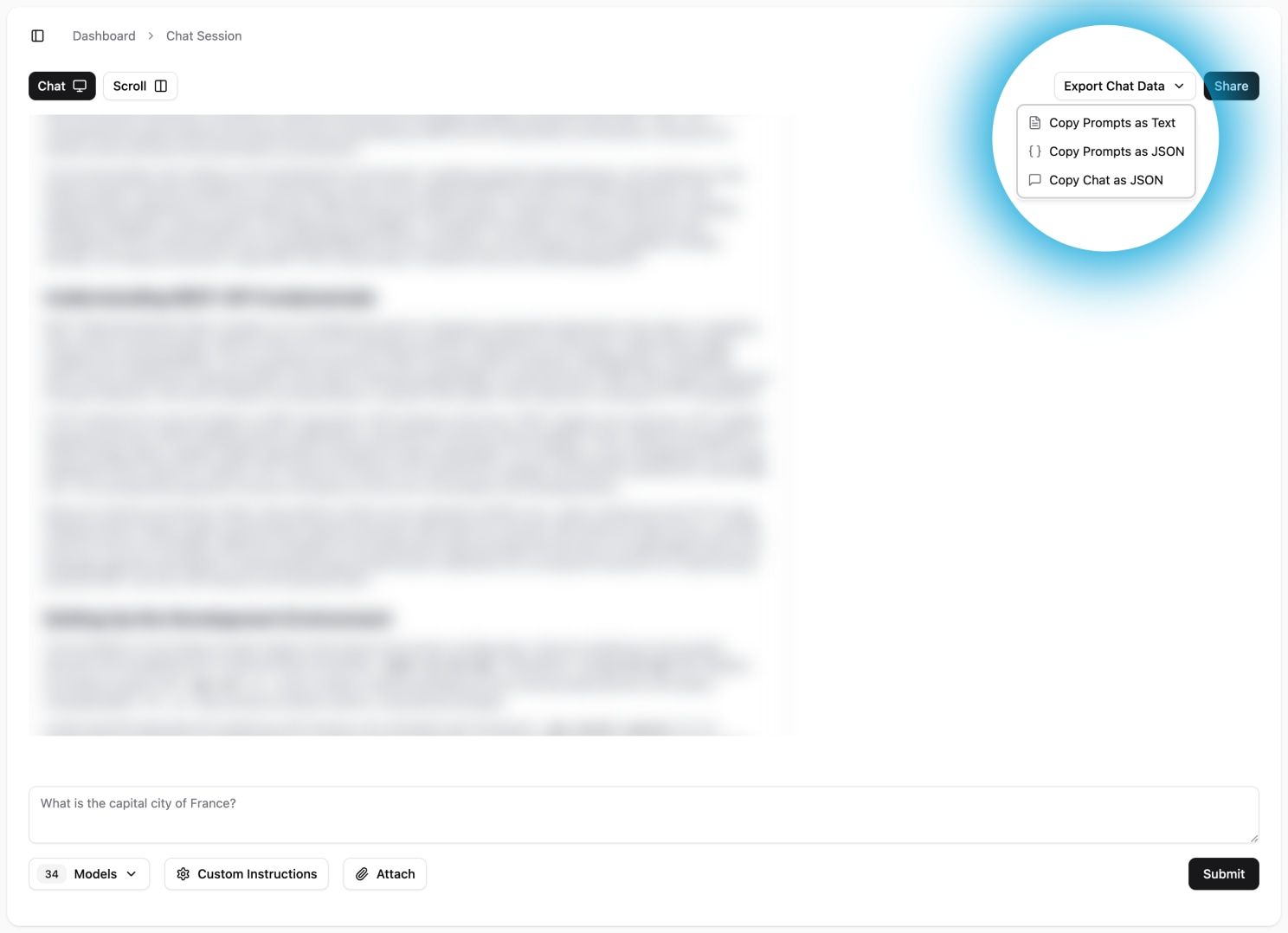 The “Export Chat Data” dropdown menu in a chat session, showing the three copy options.