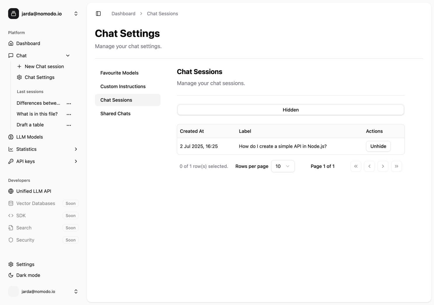 The Chat Sessions management screen showing a hidden chat with an ’Unhide’ button.