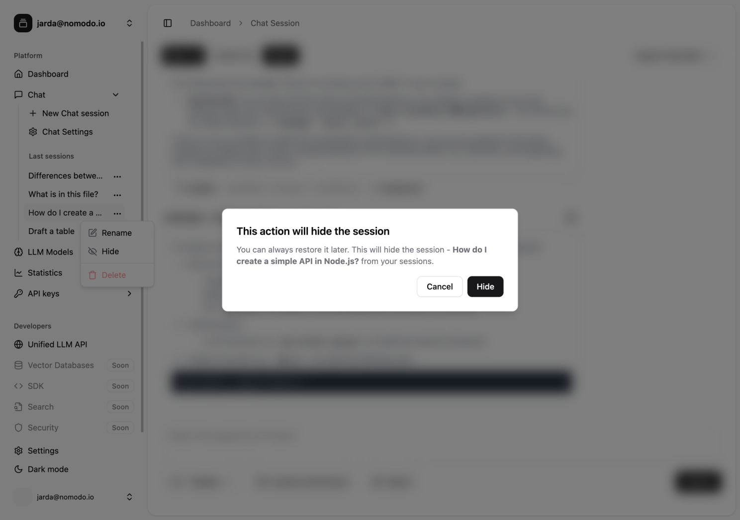 The “Hide” option in the chat session context menu, with a confirmation modal appearing.