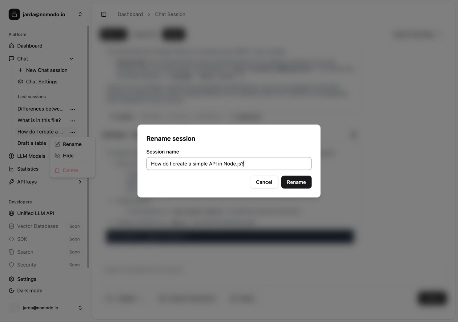 The ’Rename’ option in the chat session context menu, with the rename modal open.