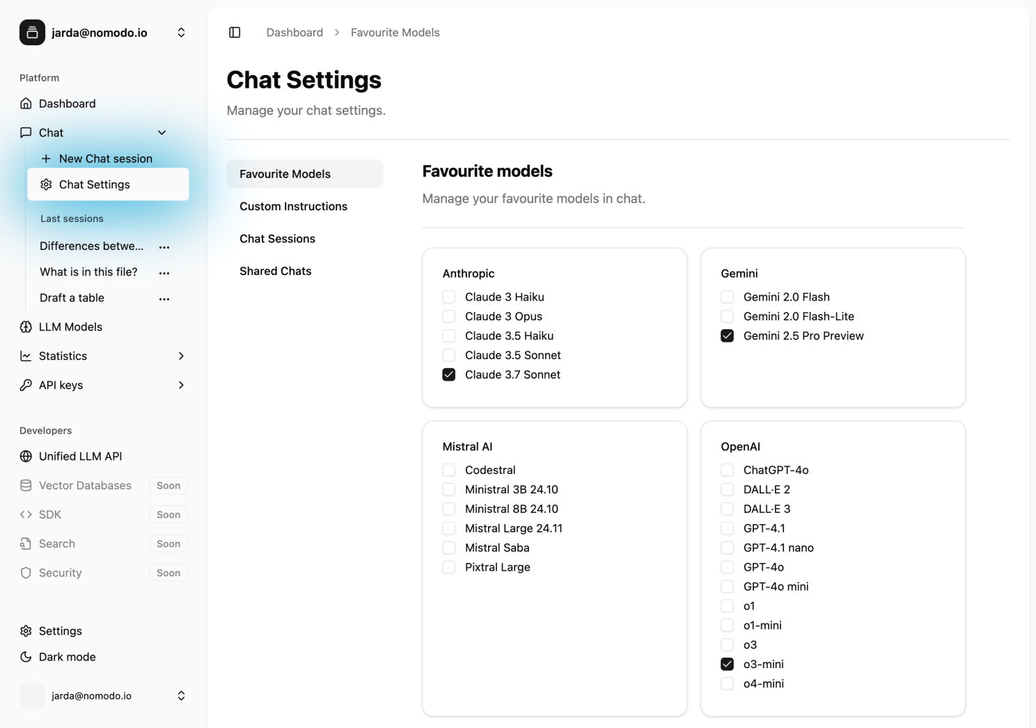 The new Chat Settings menu in the main sidebar, showing the consolidated options.
