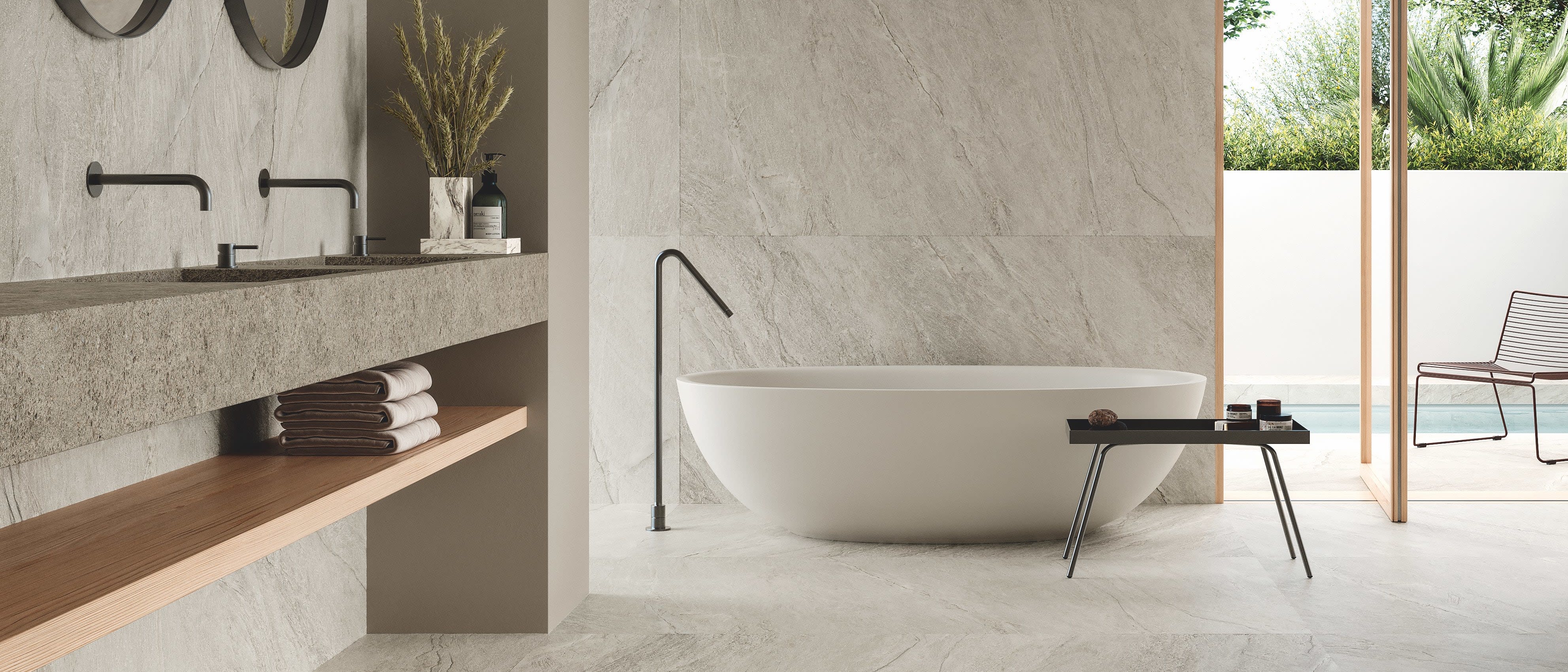 Baderomsfliser, Vibes, med stein look som gulvfliser og veggfliser.