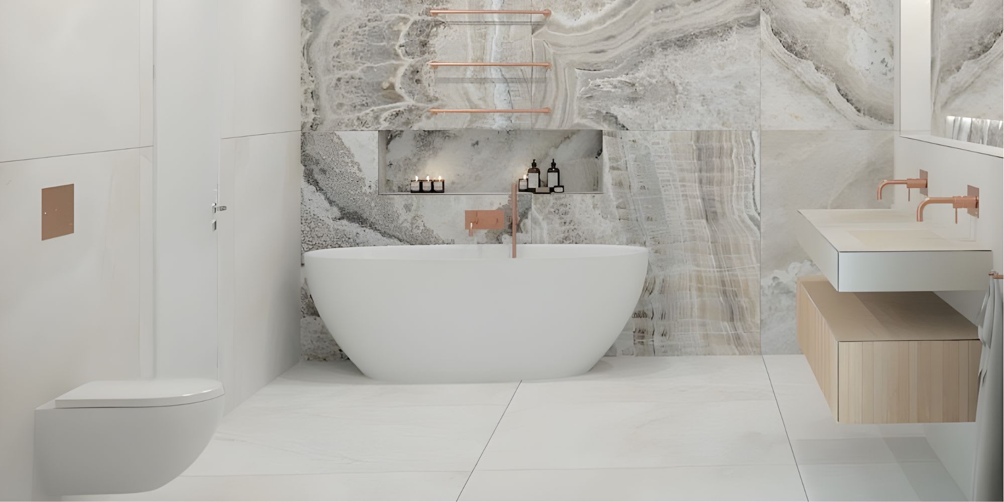 Komplett bad med fliser og baderomsinnredning hos Norfloor.