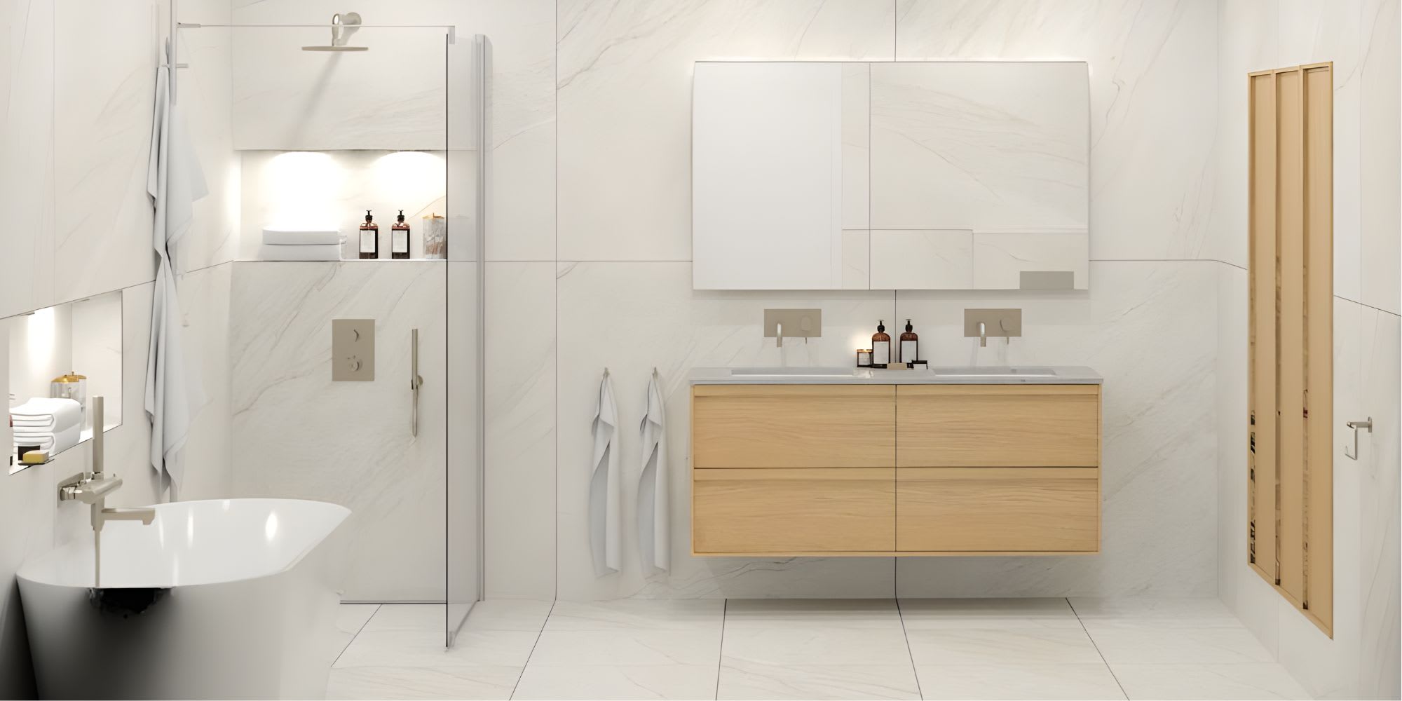 Komplett bad med fliser og baderomsinnredning hos Norfloor.