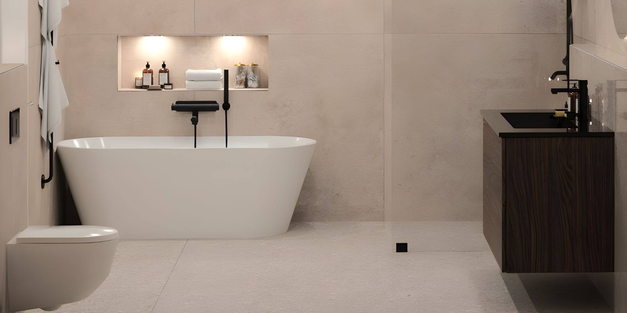 Komplett bad med fliser og baderomsinnredning hos Norfloor.