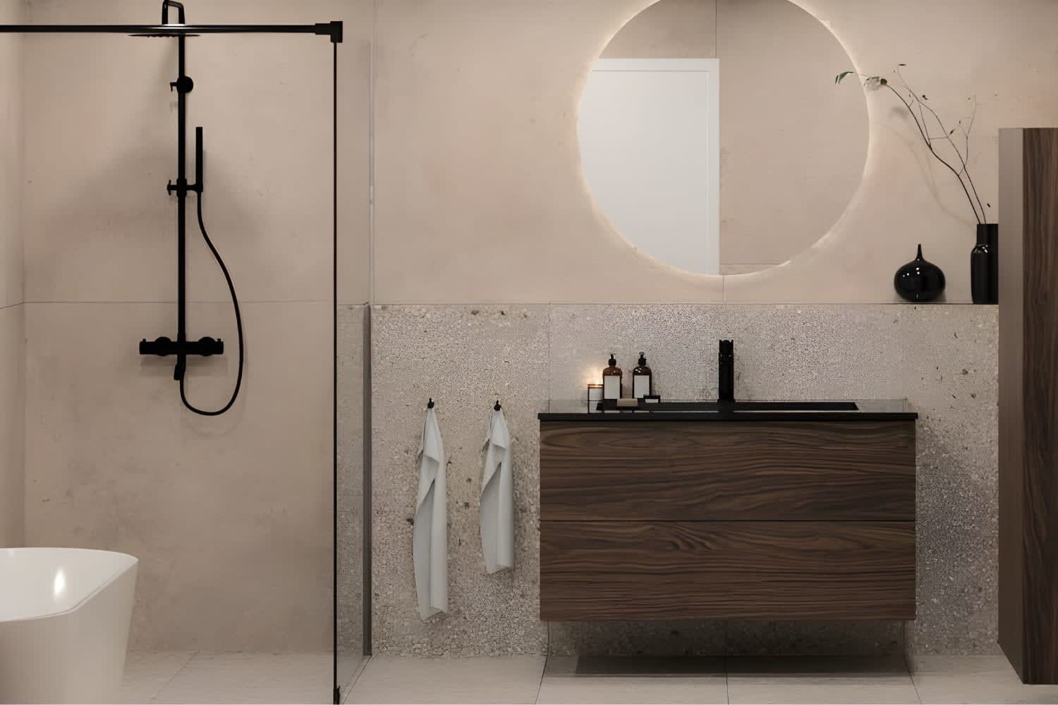 Komplett bad med fliser og baderomsinnredning hos Norfloor.