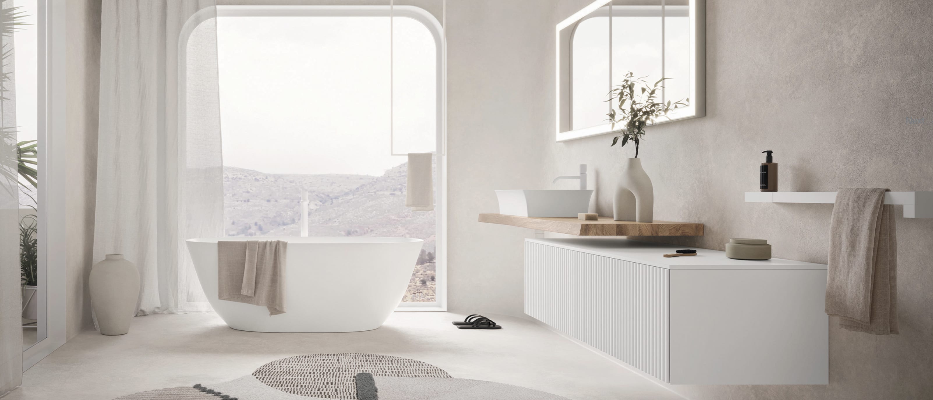 Baderomsinnredning med bølger og rille fronter