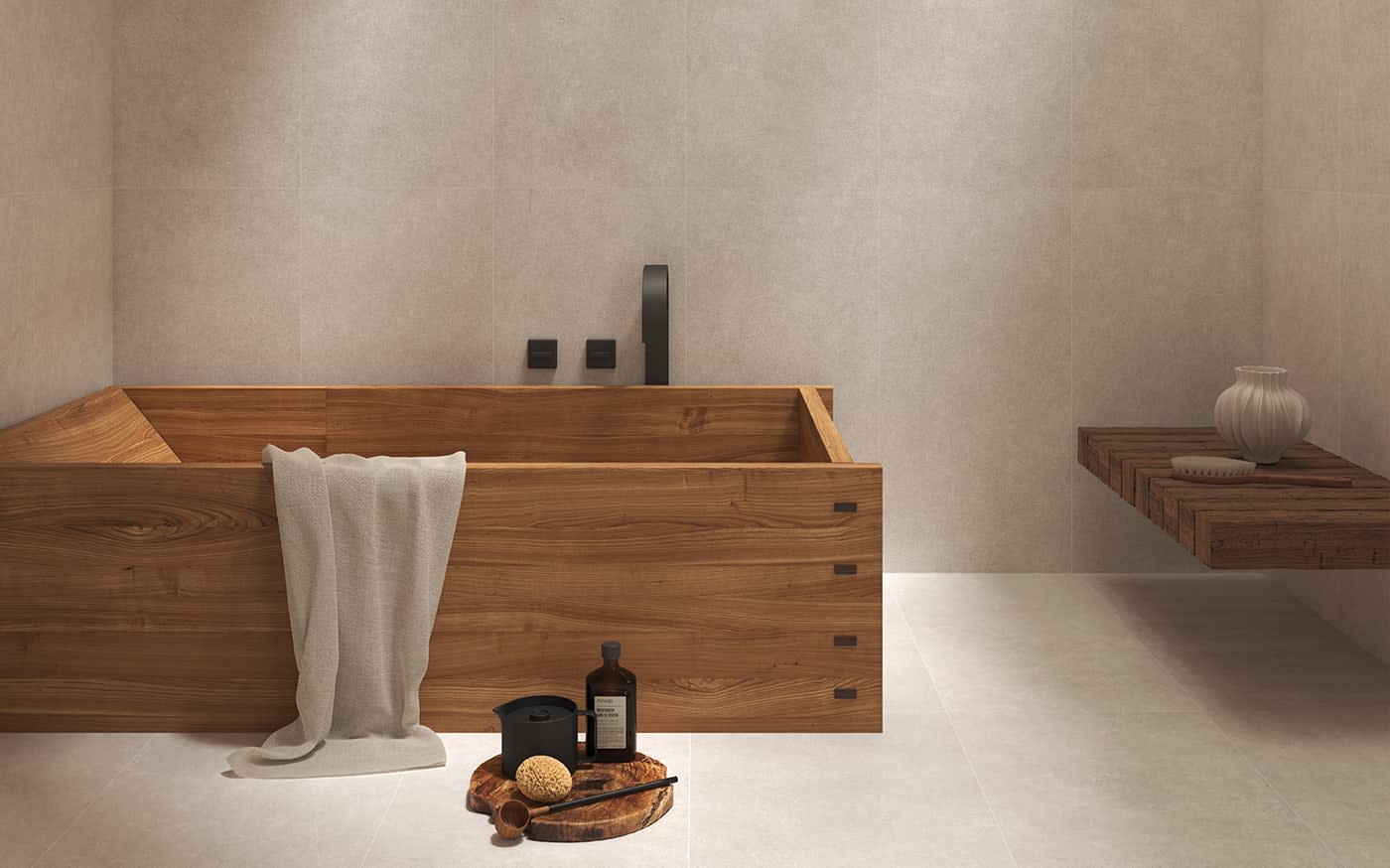 Less baderomsfliser som gulvfliser og veggfliser i fargen beige