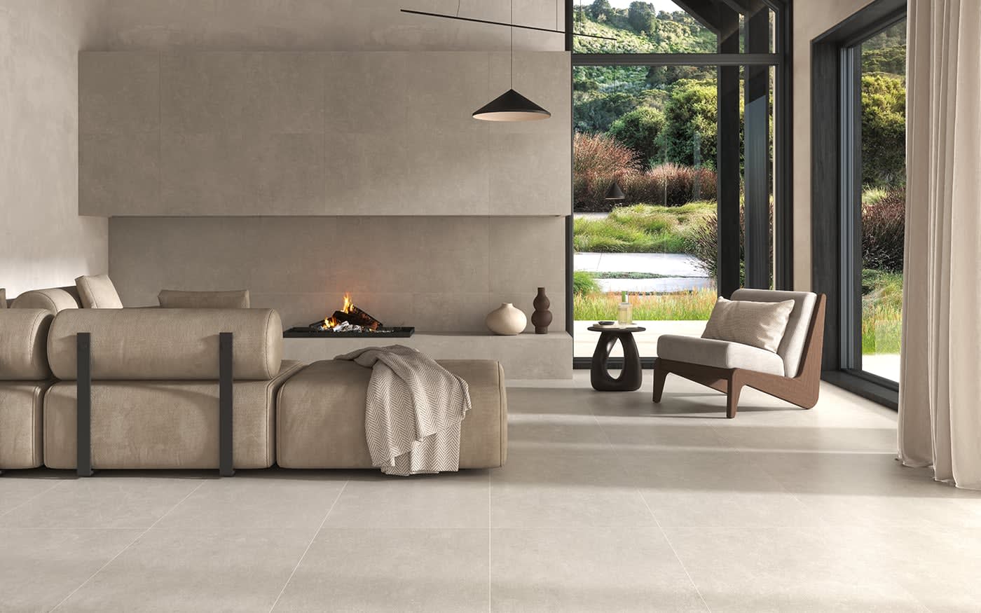 Less fliser som gulvfliser, veggfliser og peisfliser, i fargen Taupe.