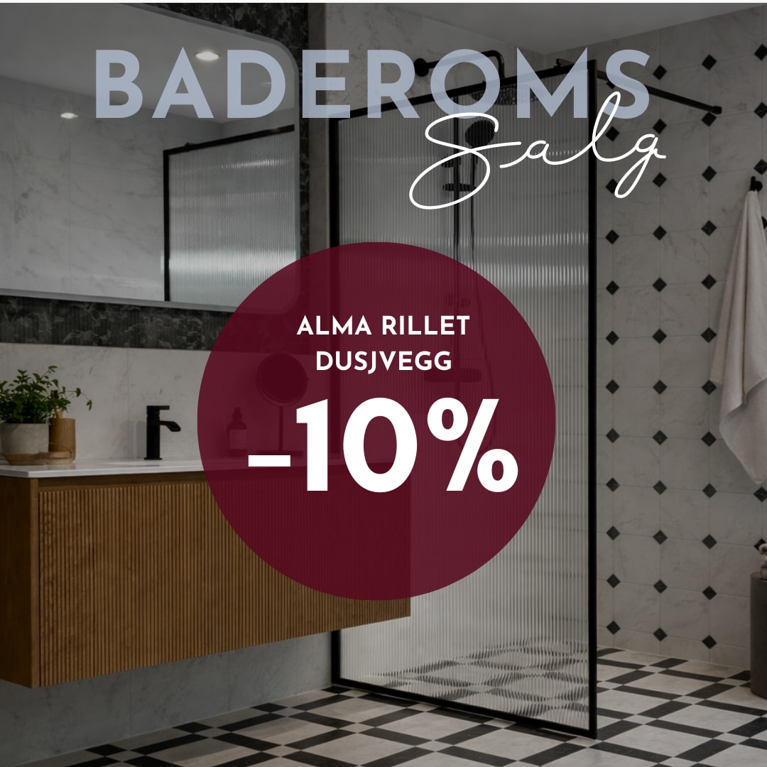 Baderomsinnredning i treverk med riller og dusjvegg med rilleglass hos Norfloor.