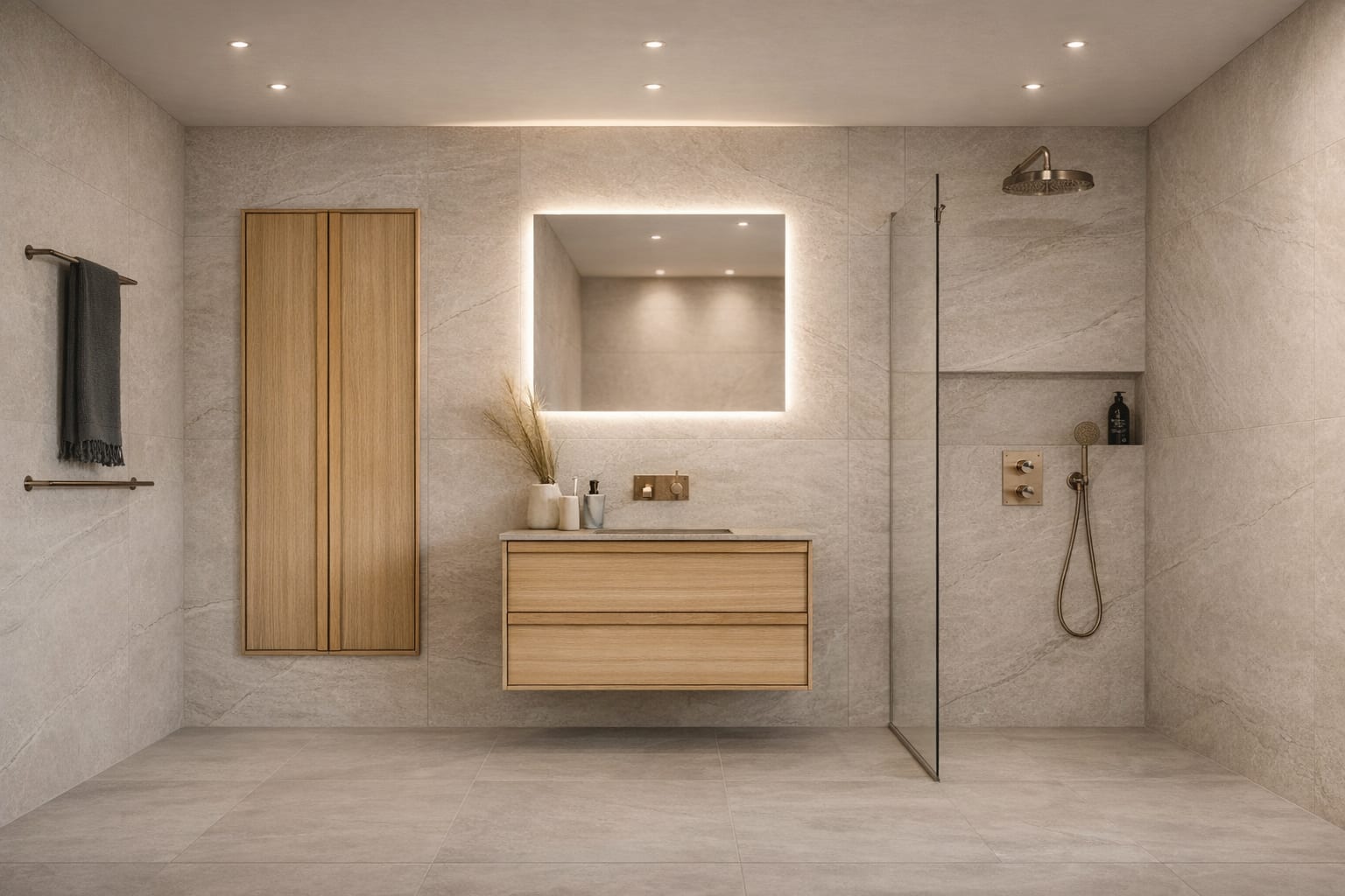 Komplett baderom i nordisk stil med Vibes fliser, Tapwell armatur og Haven baderomsinnredning med innebygd høyskap, takdusj og servantkran