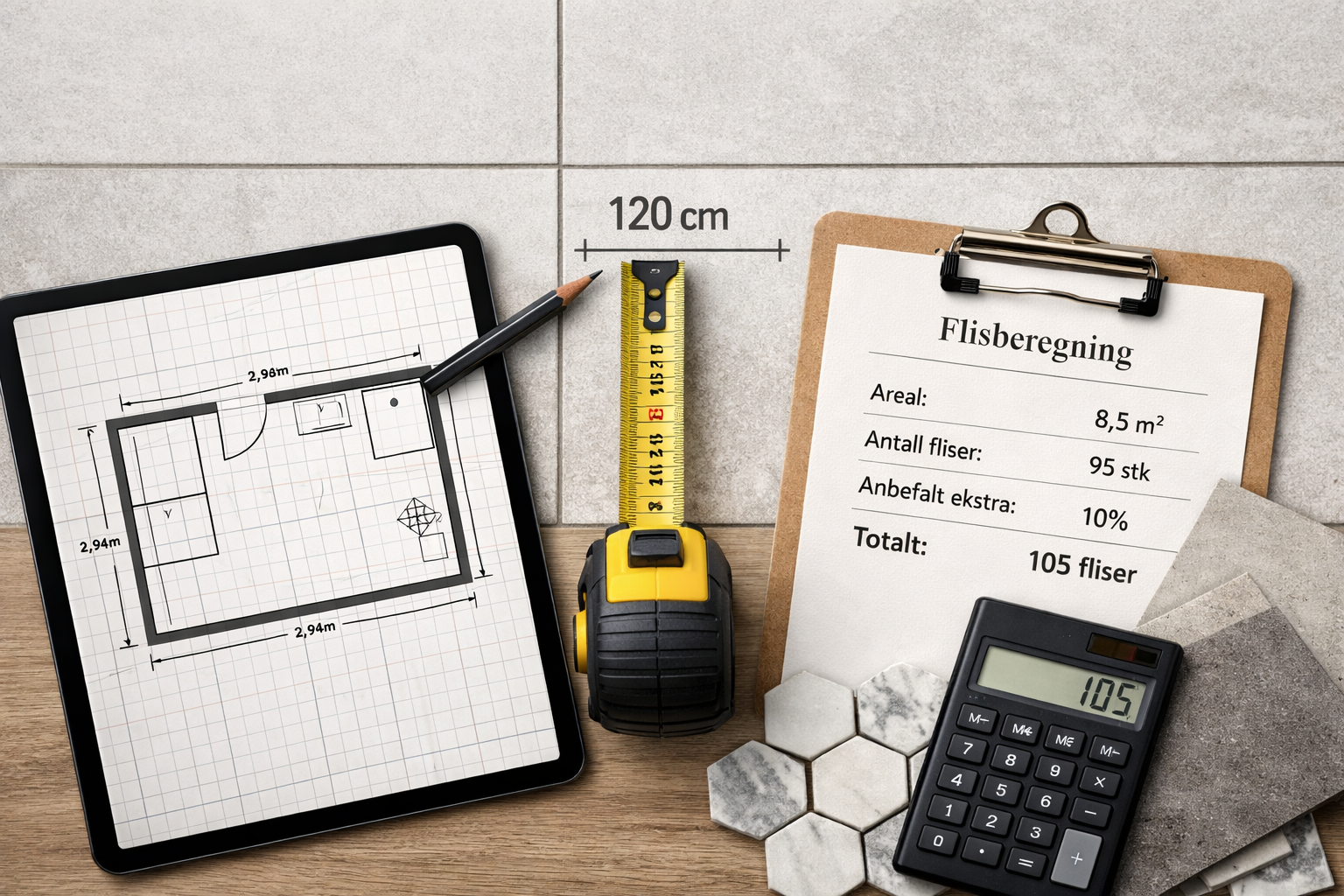 Romplanlegger og fliskalkulator med teknisk tegning og beregning av flisbehov