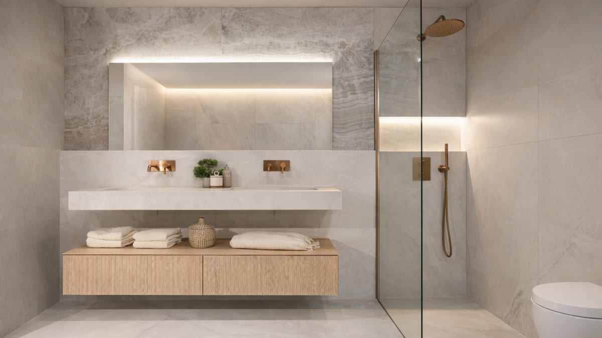 Moderne baderom med marmorfliser og innebygd armatur