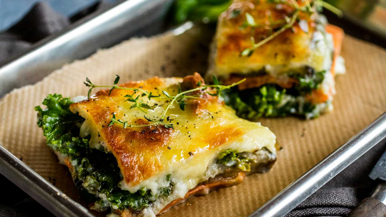 Grønnsakslasagne med søtpotet, aubergine og grønnkål