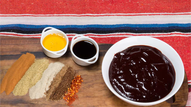 Bland hoisinsaus, sirup, soyasaus og chiliflak.