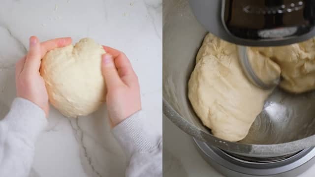 Ha i salt og rør til saltet er oppløst. Ha deretter oppi alt melet. Deigen vil virke veldig tørr i starten, men bare kna eller kjør kjøkkenmaskinen til du har en fast deig.