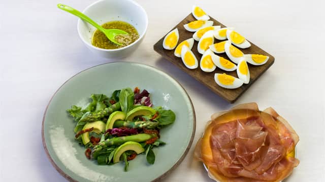 Anrett salat, avokado, tomater og asparges på tallerkener, og topp med serranoskinke og egg. Ha over dressing og server.