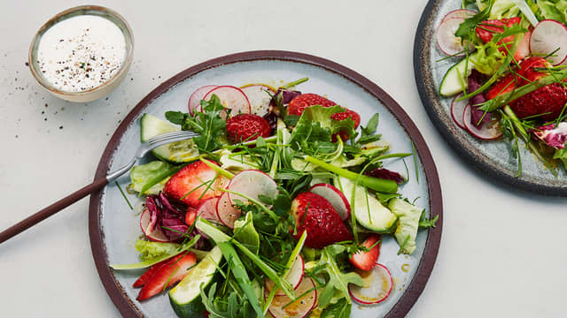 Sommersalat med pepperrotkesam og sitronolje