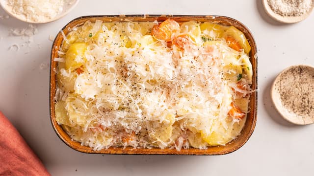 Hell alt over i en smurt ildfast form. Dryss osten på toppen og fordel smørbitene.