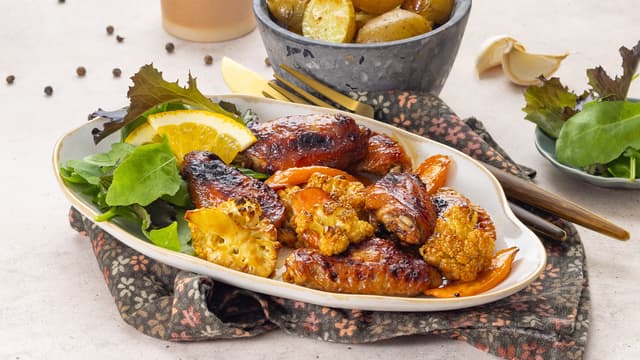 Honningglaserte kyllingvinger med småpoteter