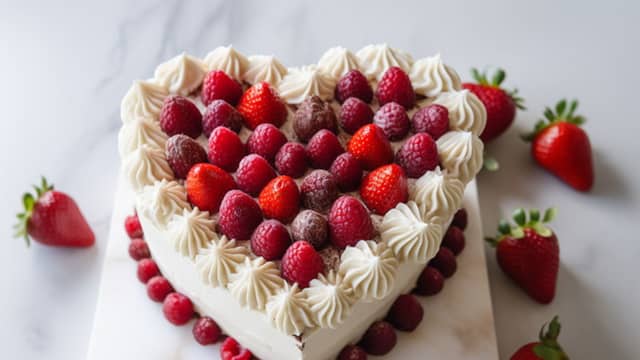 Når du har pyntet ferdig med krem fyller du midten av kaken med røde bær.