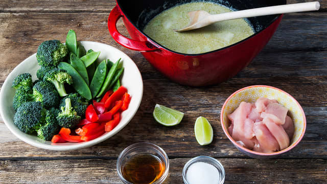 Tilsett strimlet, rå kyllingfilet. La det hele småputre til kyllingen er gjennomstekt, ca. 10-15 minutter. Ha i brokkolibuketter og paprikaterninger de siste 5 minuttene, og sukkerertene helt til slutt så de holder seg sprø.