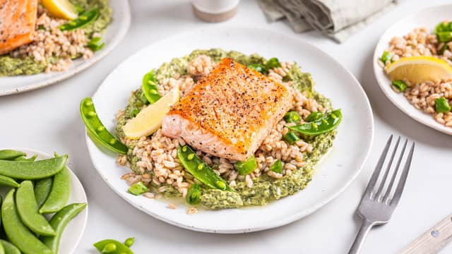 Server laks med grønnkålkrem, speltperler og sukkererter.