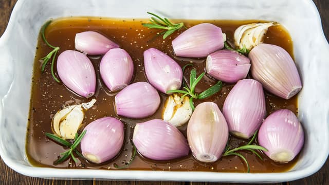 **Bakt løk:** Rens og skrell sjalottløkene. Legg dem hele i en ildfast form sammen med hele, knuste hvitløksfedd og rosmarinkvaster eller timian. Hell over kjøttkraft, salte og pepre.