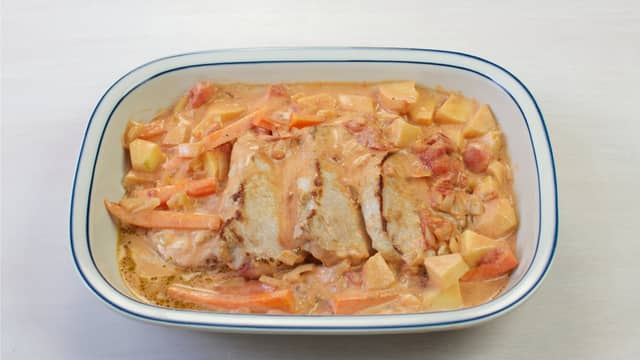 Ha sausen over kotelettene og stek midt i ovnen på 200 grader i ca. 20 min.