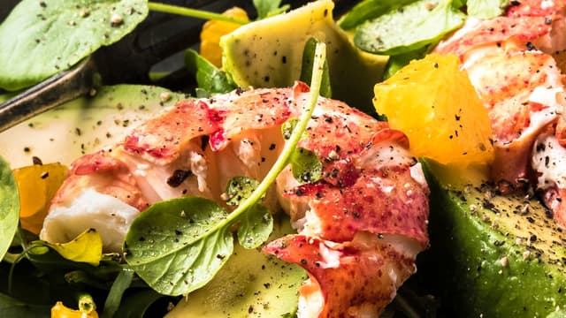 Bland sammen hummerkjøtt, appelsin, mango, avokado, grønn salat og olivenolje. Smak til med salt og pepper.