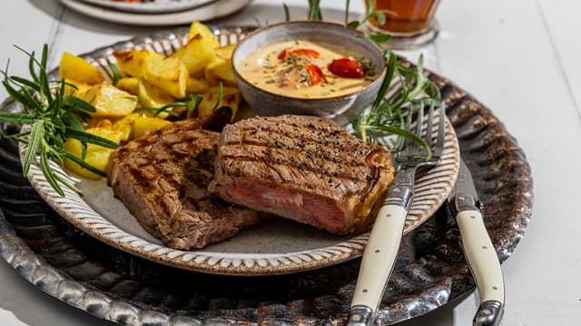 Biff med saus av grillede tomater og hvitløk