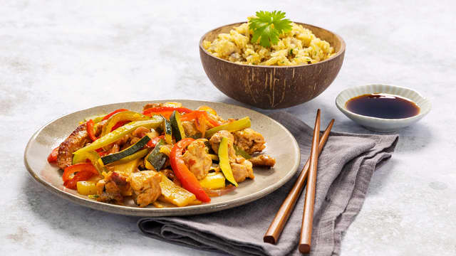 Wok med biffstrimler av svin