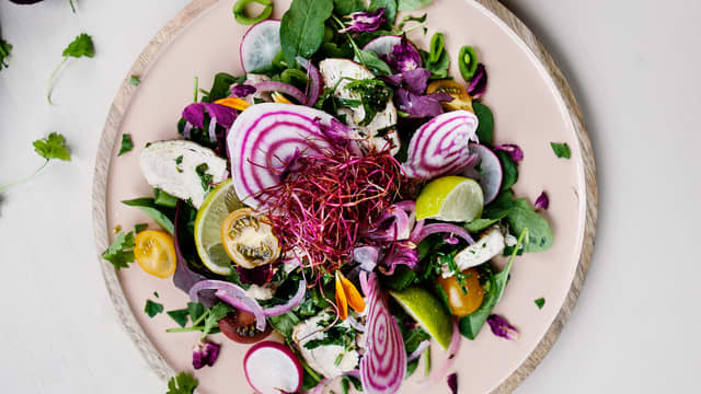Sommersalat med syltet løk og kylling