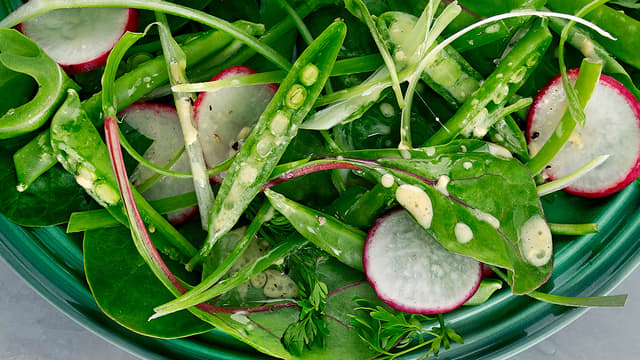 Frisk salat med reddiker, vårløk og sukkererter